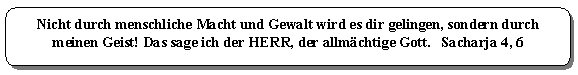 Nicht durch menschliche Macht und Gewalt wird es dir gelingen, sondern durch meinen Geist! Das sage ich der HERR, der allm&auml;chtige Gott.   Sacharja 4, 6
